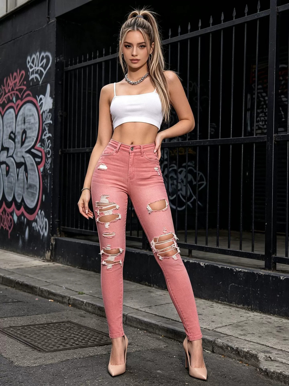 ZARA Pink Distressed High Waist Stretch Skinny Jeans for Women Frayed Hem
